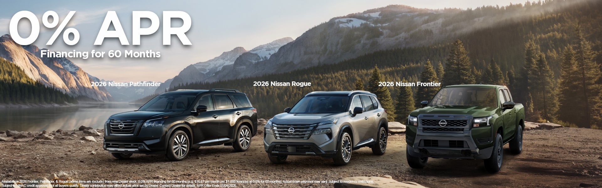 0% APR for 60 mo on 2026 Pathfinders, Rogues, & Frontiers